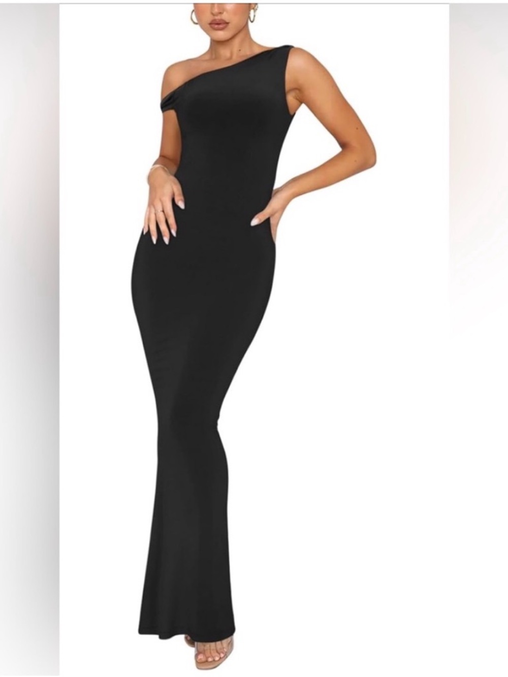 Reoria Ribbed Gray Bodycon Maxi Dress | Twist Shoulder |